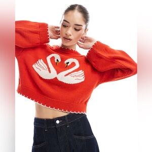 Luna Ivy Red Swan Sweater with contrasting scalloped edge - Large